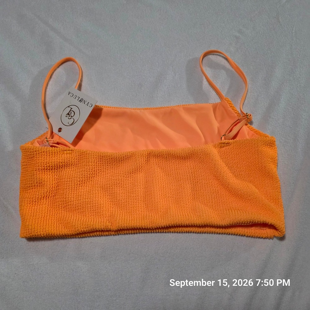 Cyn & Luca Womens Neon Orange Smocked Crinkle Bikini Top Square Neck Large NWT - Picture 4 of 4